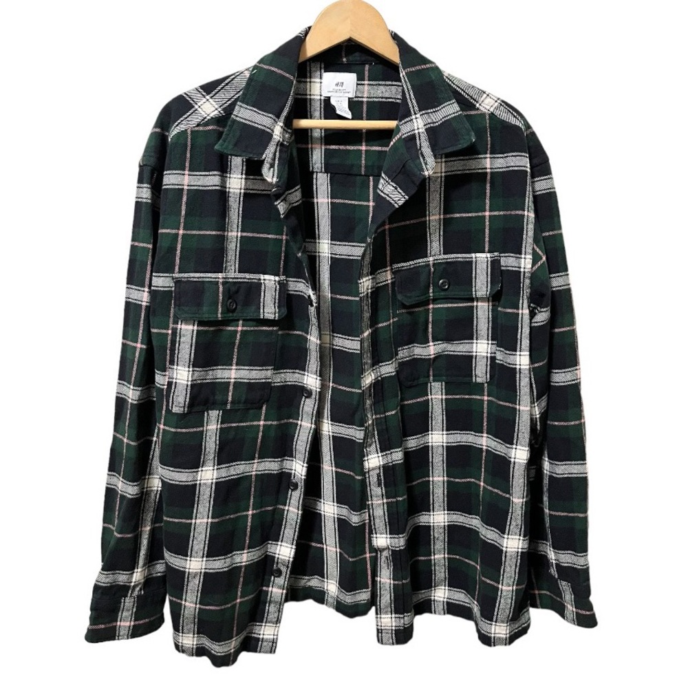 H&M Relaxed Fit Plaid Flannel Button Up T-Shirt Top Size XL